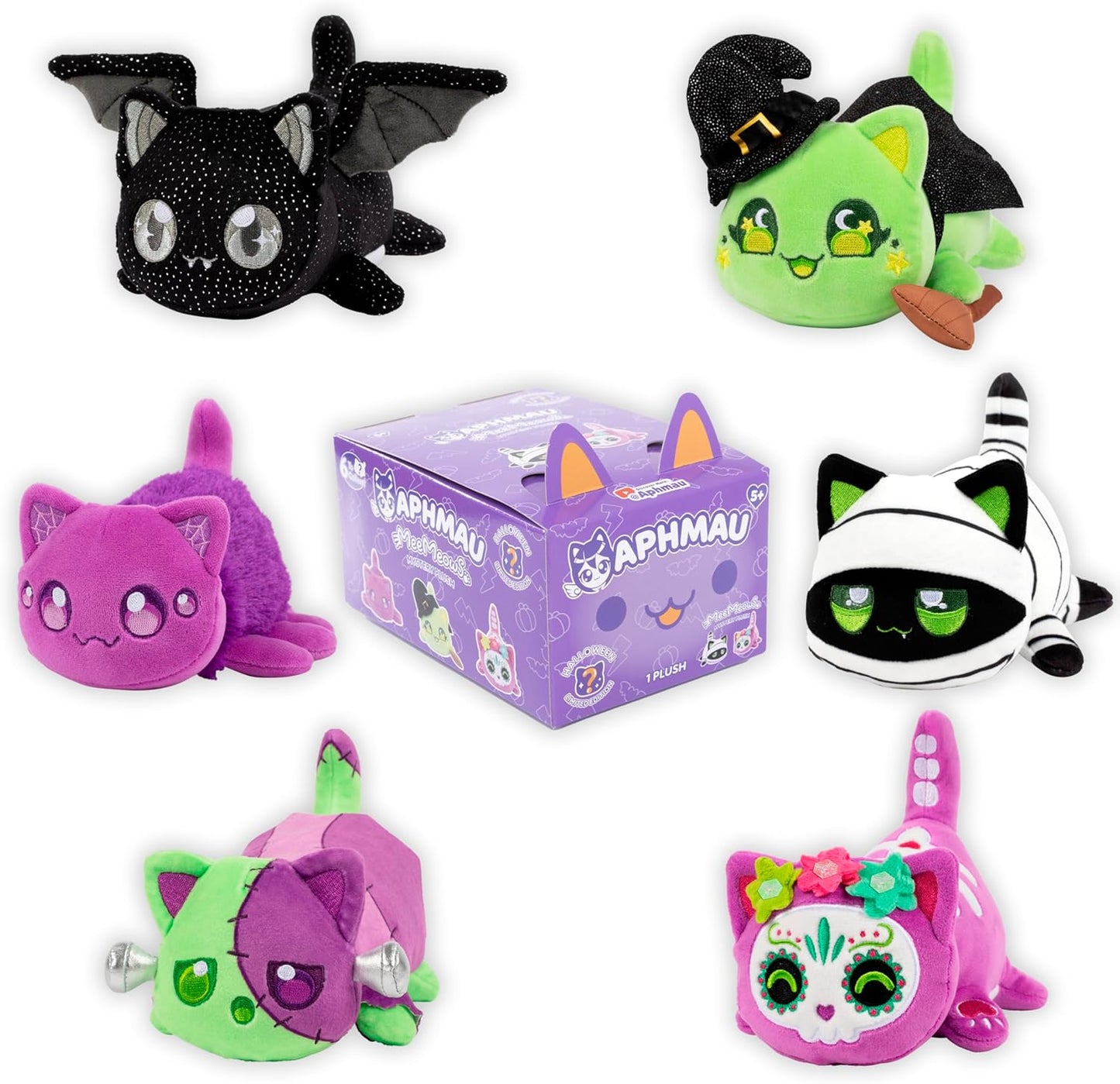Aphmau MeeMeows Halloween cat plush collection: a purple mystery box surrounded by bat, witch, mummy, and other spooky plushies