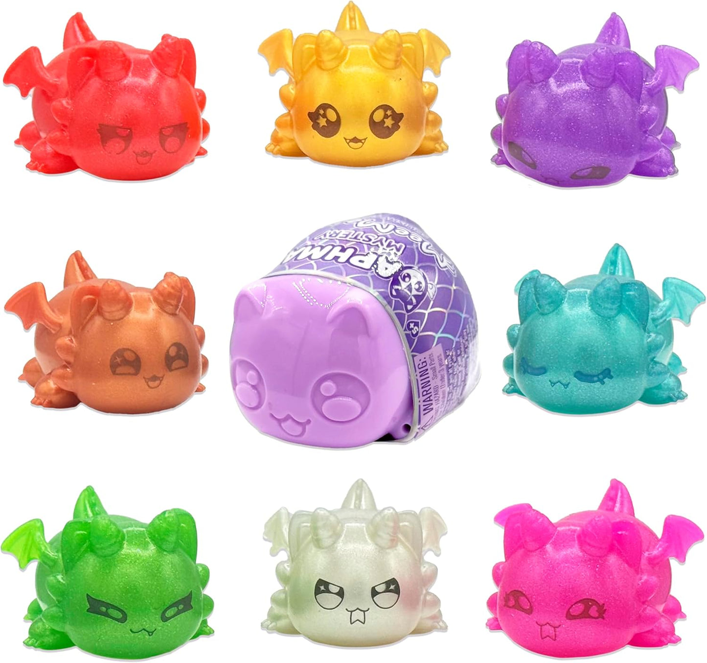 A grid of 8 glittery, colorful cat-dragon toys and one in its purple mystery egg packaging, displayed on a white background