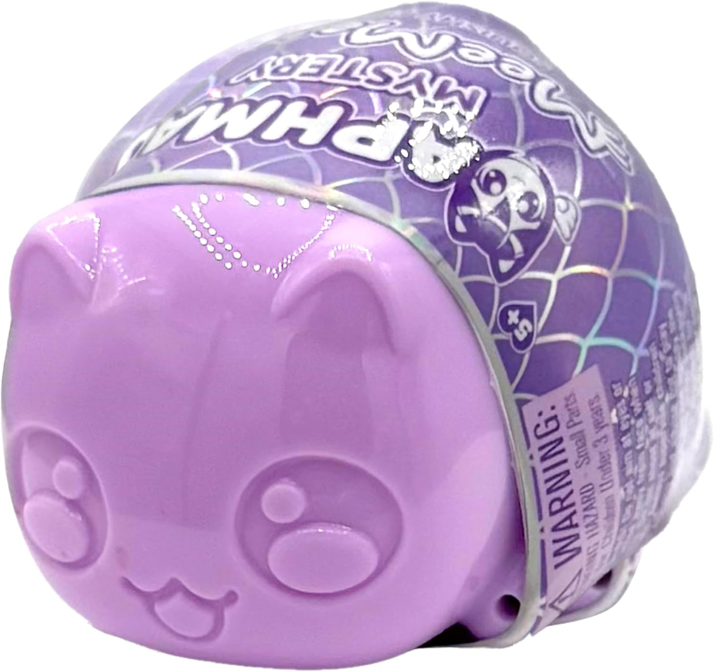 Smiling lavender cat-faced mystery toy. It has a purple holographic wrapper with "Mystery" text and a small cat illustration