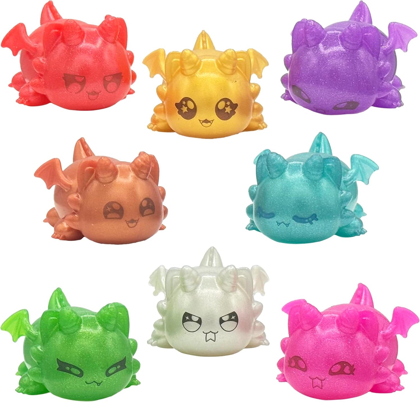 Eight glittery, colorful dragon toys with different facial expressions are arranged on a white background.
