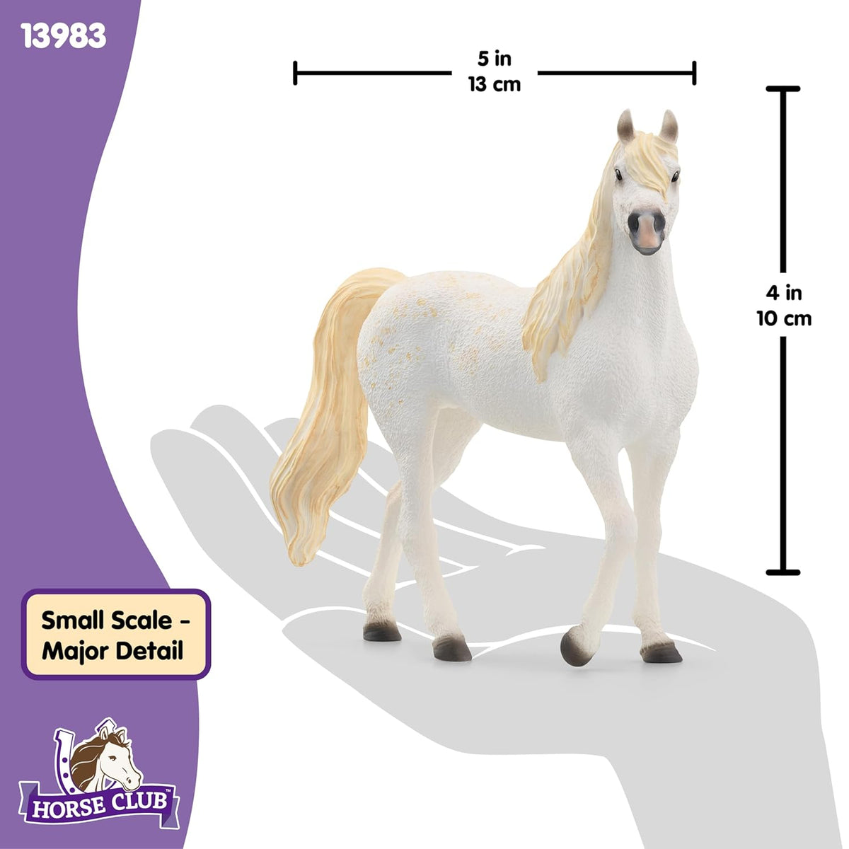 A white horse figurine with blonde mane and tail, standing on an outlined hand