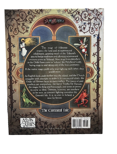 Ars Magica 5th Edition The Contested Isle Hibernian Tribunal sourcebook back cover featuring Celtic knotwork and four mythical Irish figures representing the game's setting