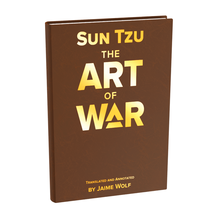 A brown book cover for Sun Tzu The Art of War with the title in shining gold lettering