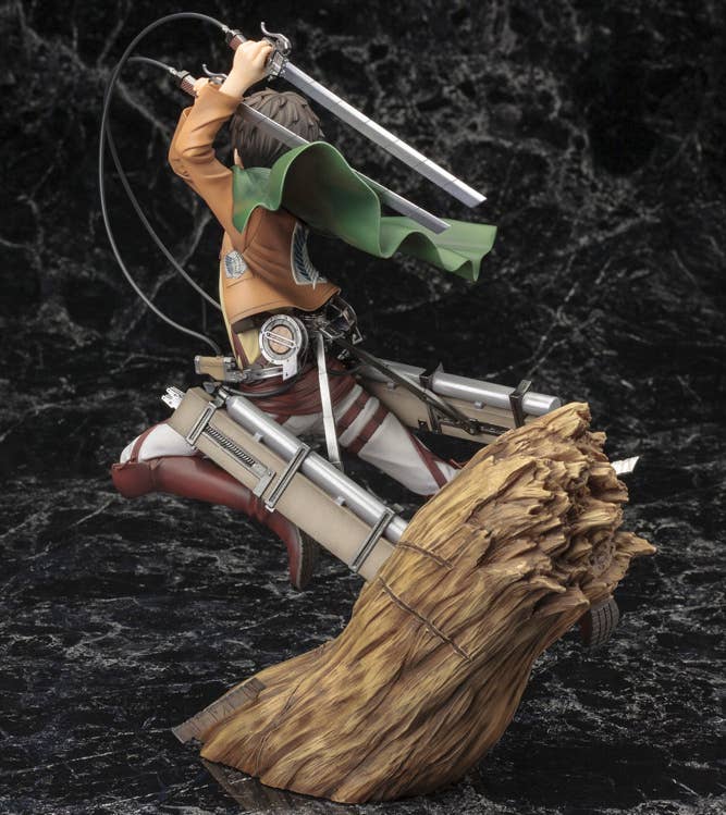 Side view of Eren Yeager anime figure launching from a tree stump, wielding dual swords and ODM gear on dark background
