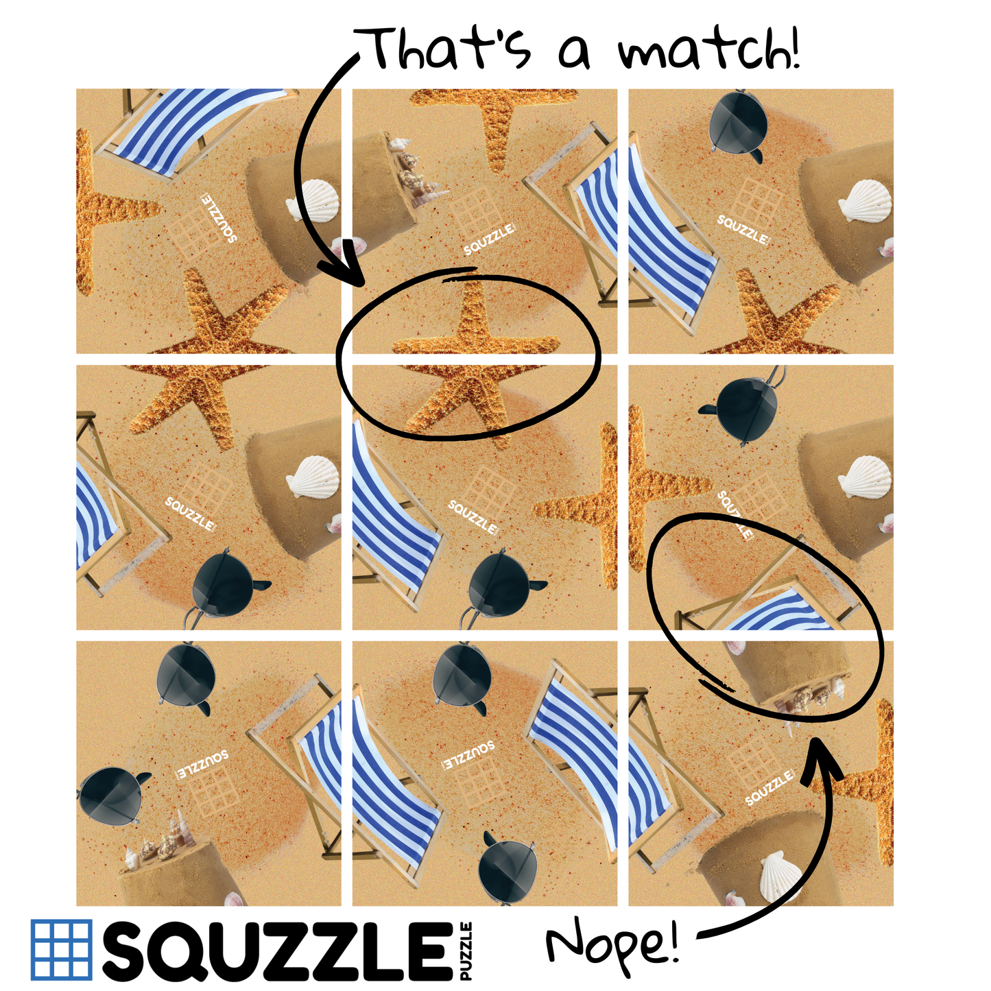 Gameplay demonstration for the 9-piece Squzzle Puzzle At The Beach featuring a grid of starfish, sunglasses, and striped chairs on the sand with match indicators
