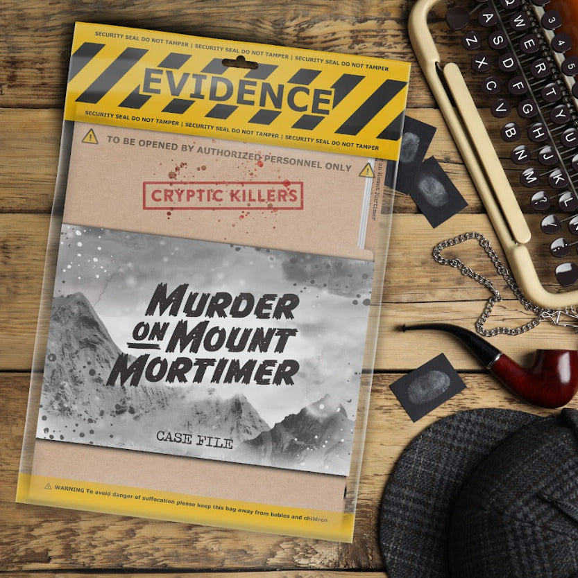 The Cryptic Killers Murder on Mount Mortimer Case File is sealed in a yellow-taped evidence bag, arranged with a typewriter, tweed hat, and smoking pipe