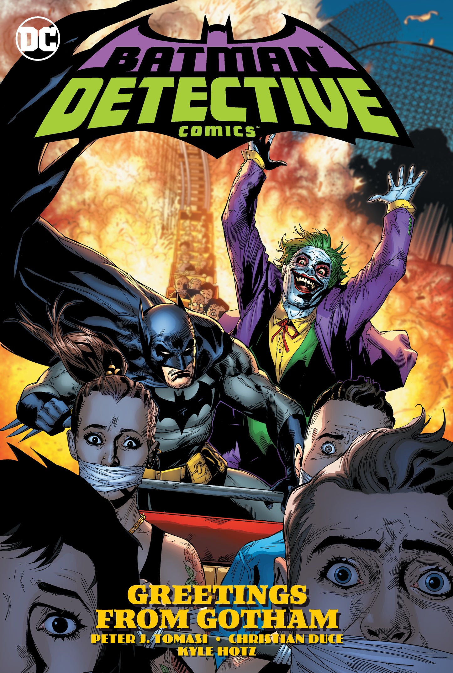 Batman: Detective Comics Vol. 3: Greetings from Gotham graphic novel cover: Batman tries to control a rollercoaster with a gleeful Joker and scared, gagged people amidst explosions