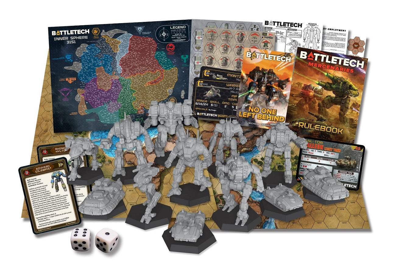 Battletech board game setup: gray mech and tank miniatures on a hex map, surrounded by rulebooks, cards, and dice