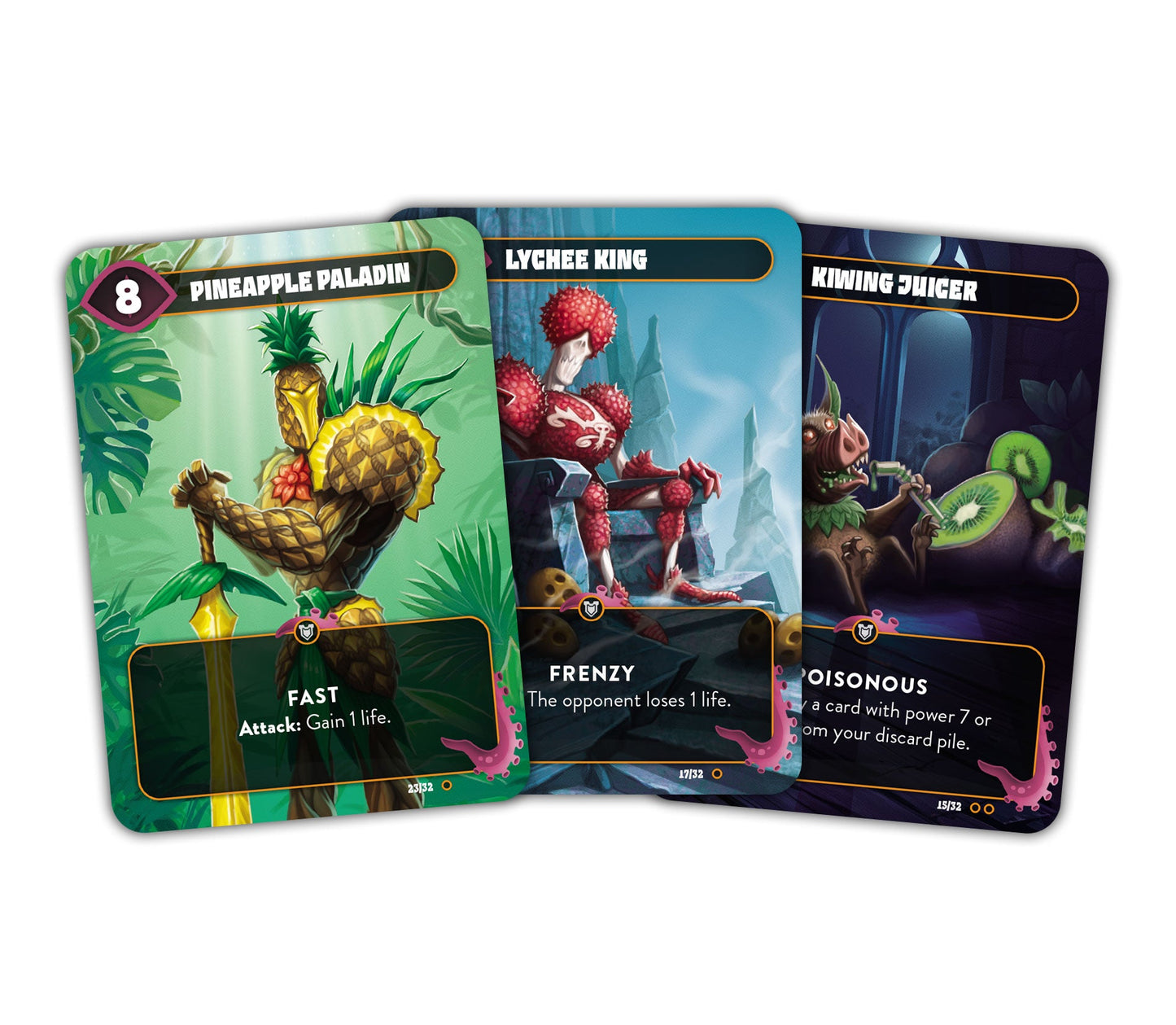 Three illustrated fantasy playing cards: a pineapple knight, a spiky lychee creature on a throne and a boar-like "Kiwing Juicer"