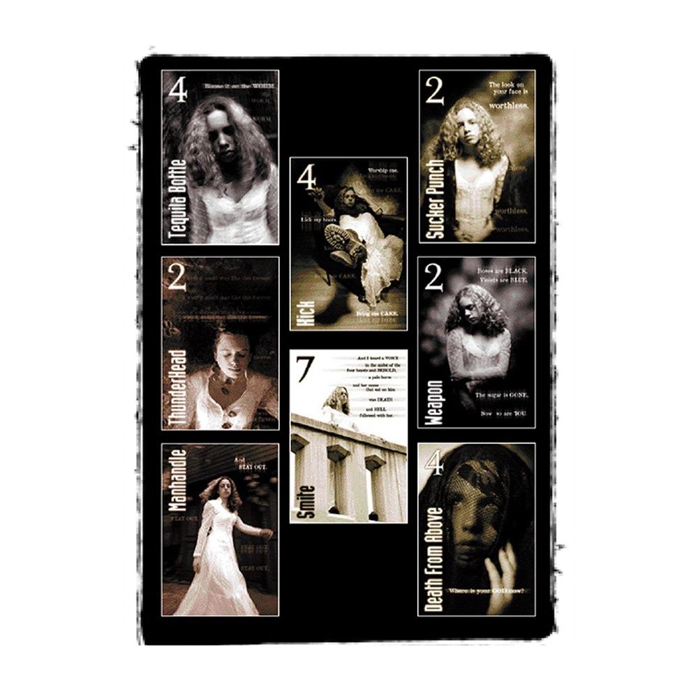 A 3x3 grid of nine sepia-toned cards, each featuring a woman in various poses, with numerical and descriptive text labels