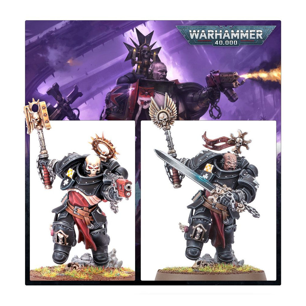Warhammer 40,000. Illustration of a Black Templar Space Marine firing, below are two Black Templar miniatures: one with a skull helmet, hammer, and pistol; another with a sword and skull-topped staff