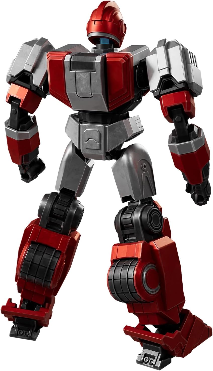 Red and gray mecha robot figure with a helmet head and blue visor, standing against a white background