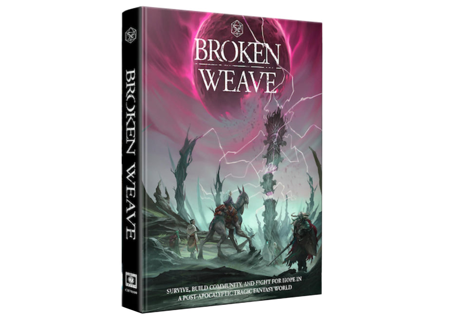Broken Weave RPG book cover: post-apocalyptic tragic fantasy art with a giant pink moon, lightning-struck spires, and two adventurers in a wasteland
