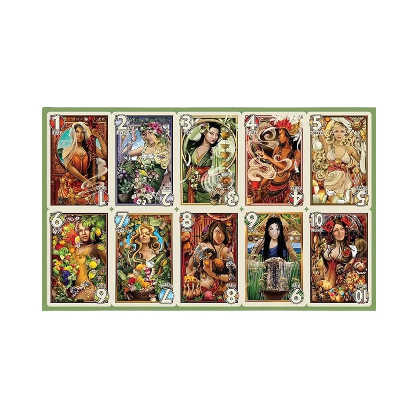 A set of 10 ornate fantasy art cards. Each card shows a woman representing a food type: spice, herb, tea, coffee, cheese, fruit, veg, meat, rice, bread