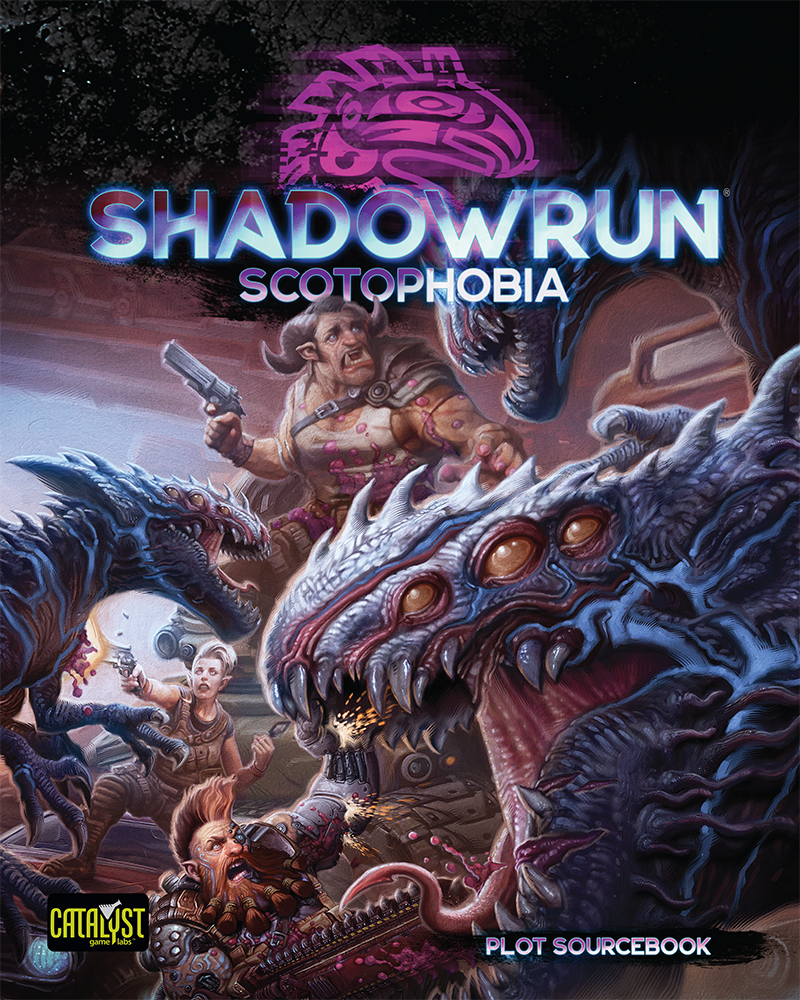 Shadowrun Scotophobia cover: A horned man dwarf and woman battle large multi-eyed monsters with guns and a chainsaw