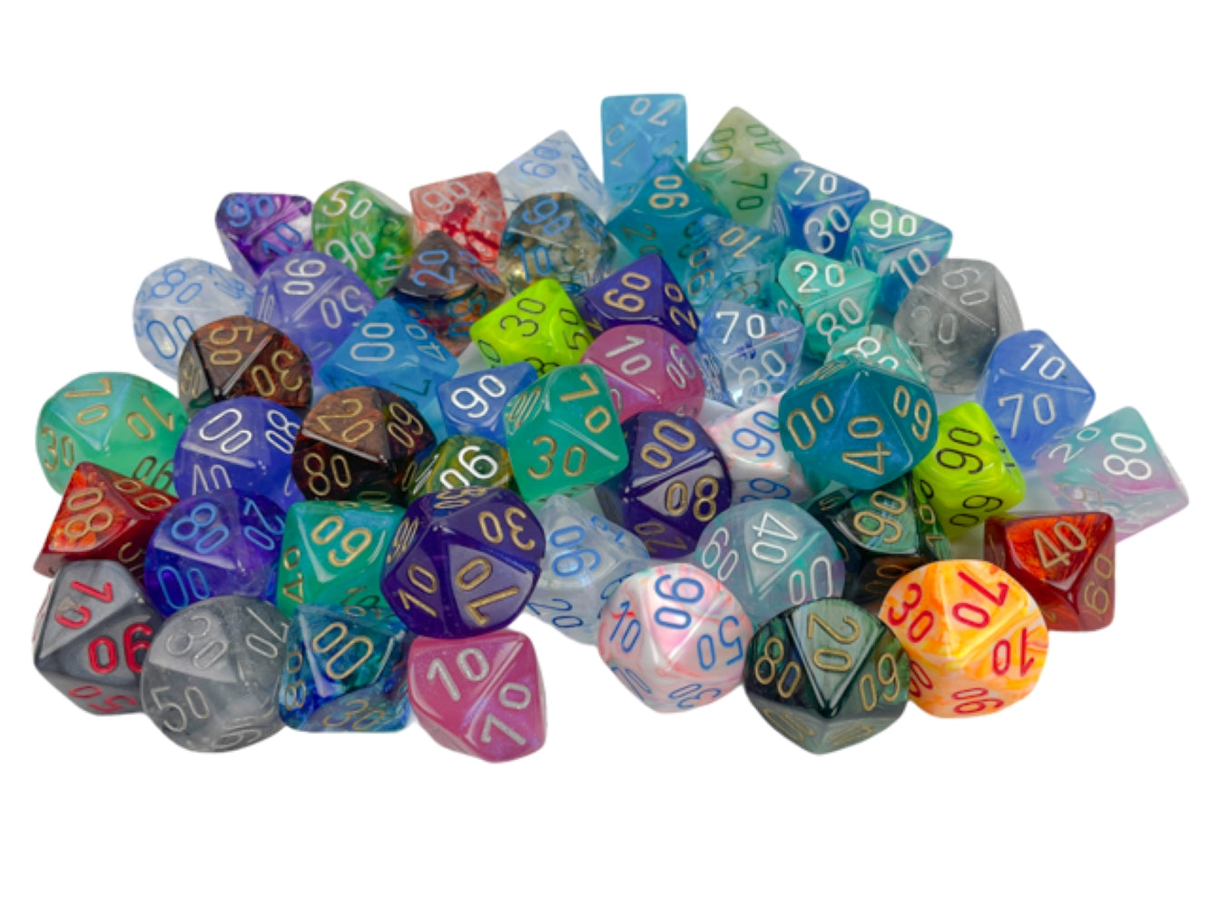 A colorful pile of various polyhedral gaming dice on a white background