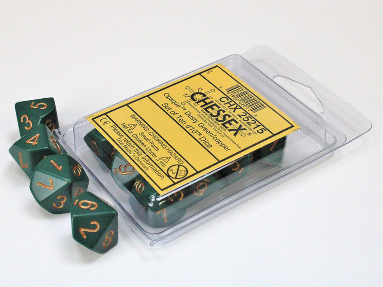Set of green and copper d10 dice, with some in clear packaging and others scattered nearby