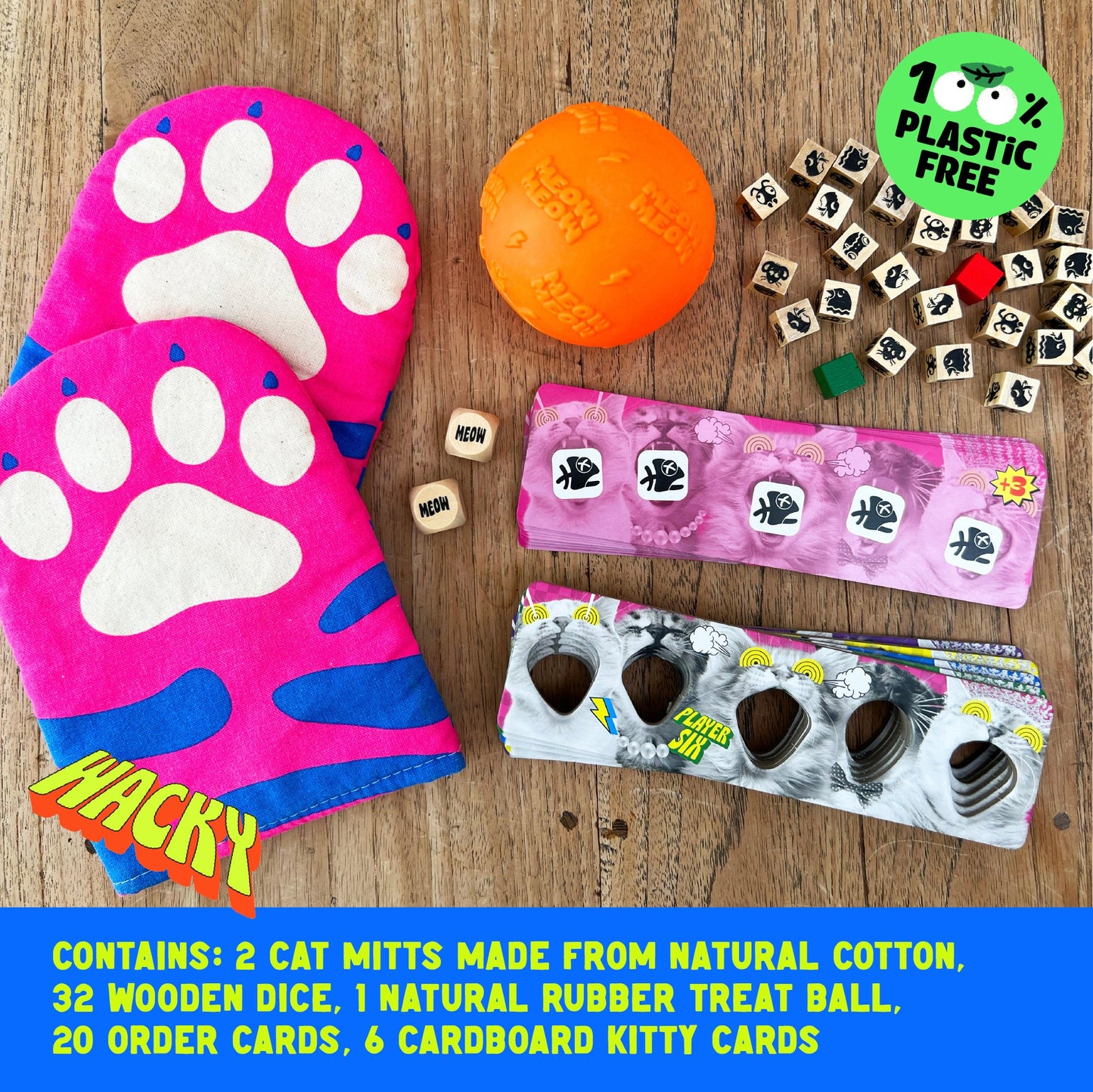 Wacky cat-themed game set pink paw mitts orange ball wooden dice and cat cards 100% plastic free