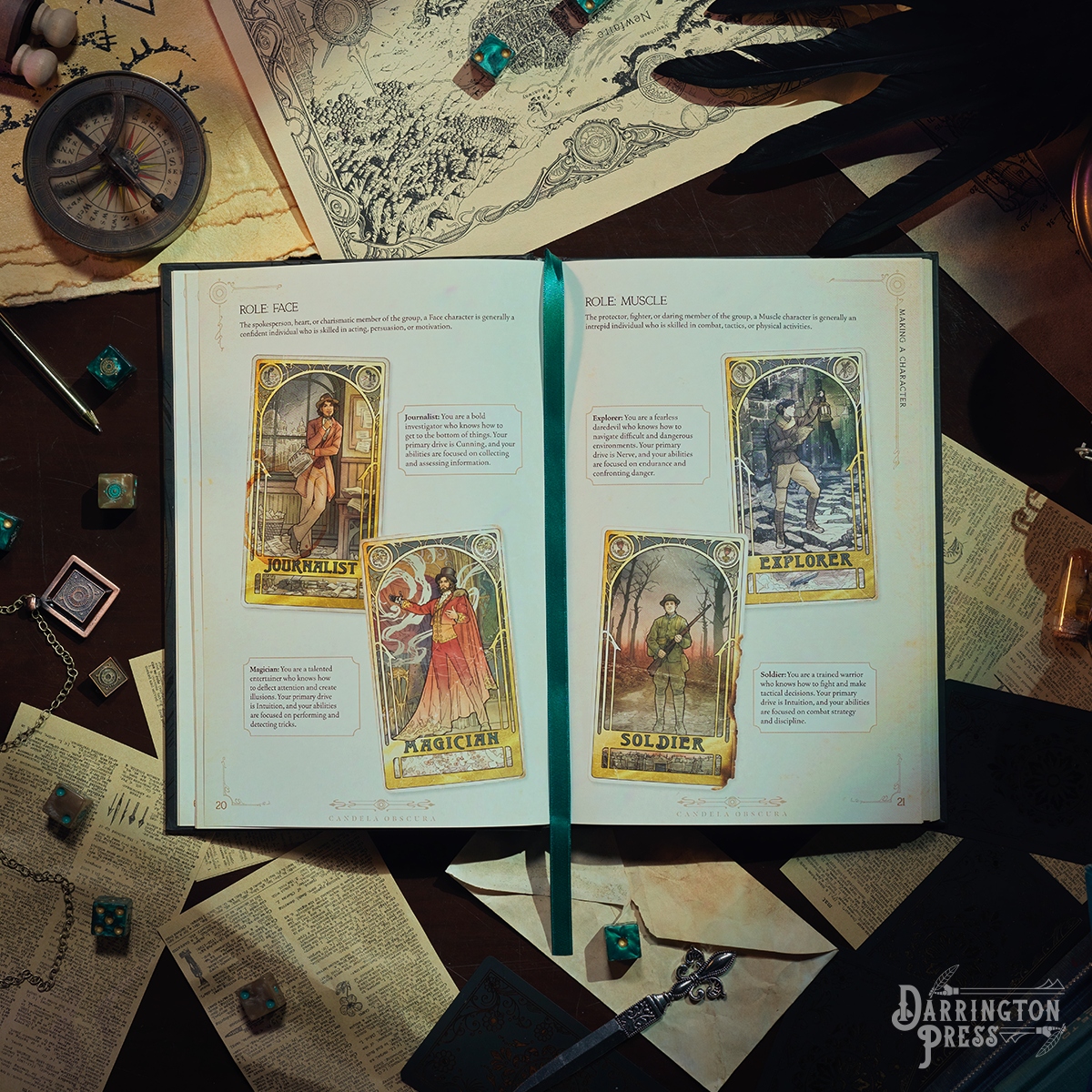 An open RPG character core rulebook shows 'Journalist,' 'Magician,' 'Explorer,' 'Soldier' cards. Dice, map, and compass scatter across a dark table for a game