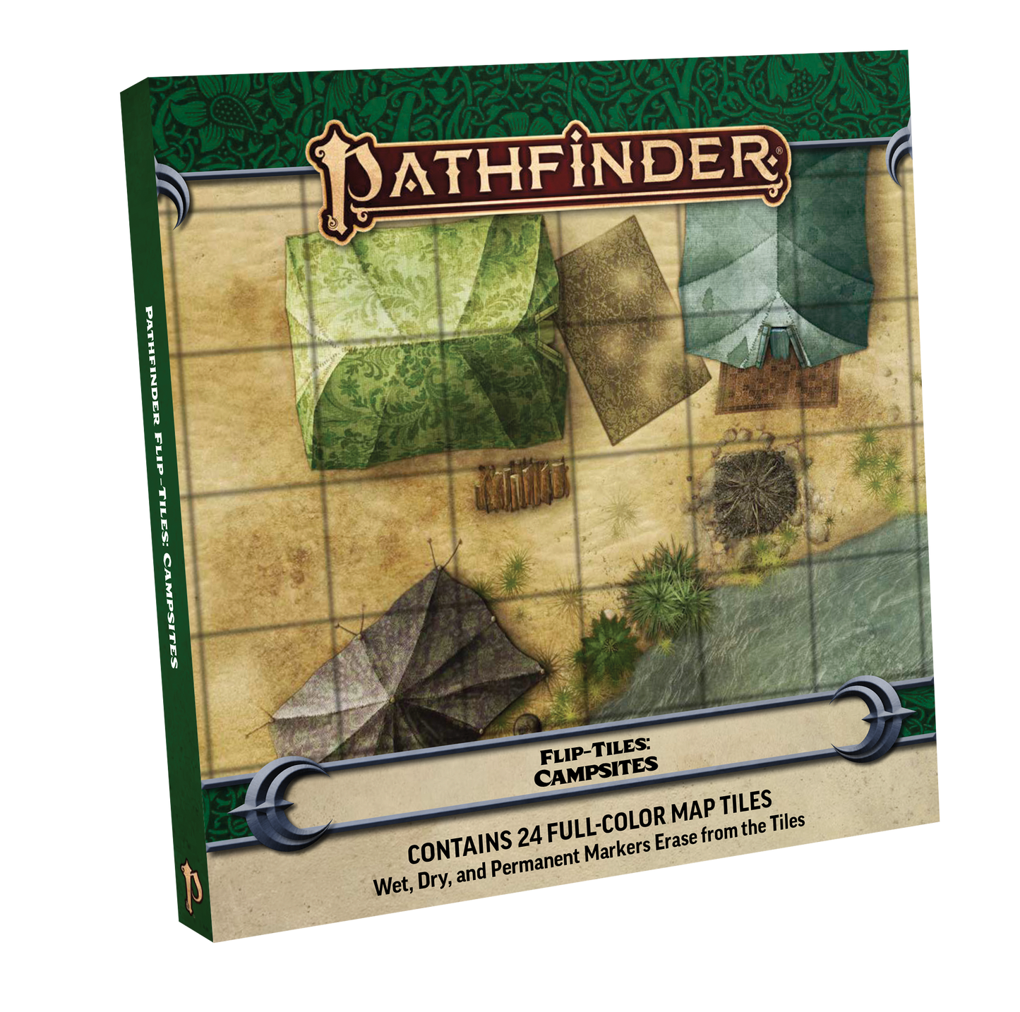 Pathfinder Flip-Tiles: Campsites cover shows a gridded map with tents, campfire, and a river.