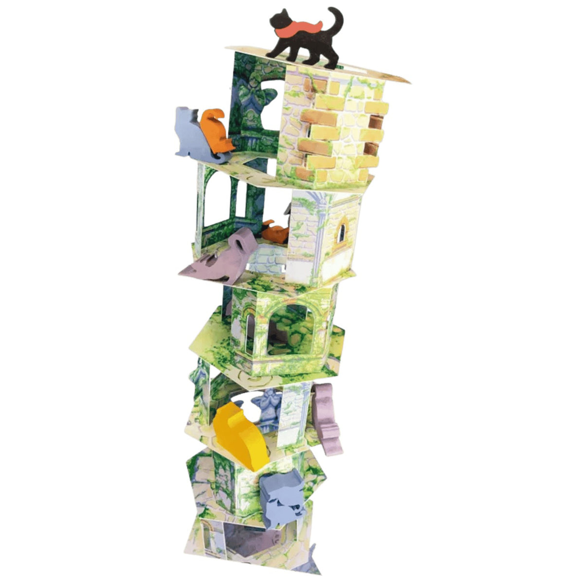 A black cat with an orange scarf stands on a tall, unstable tower of mossy castle ruins. Other colorful animal game pieces are on its levels