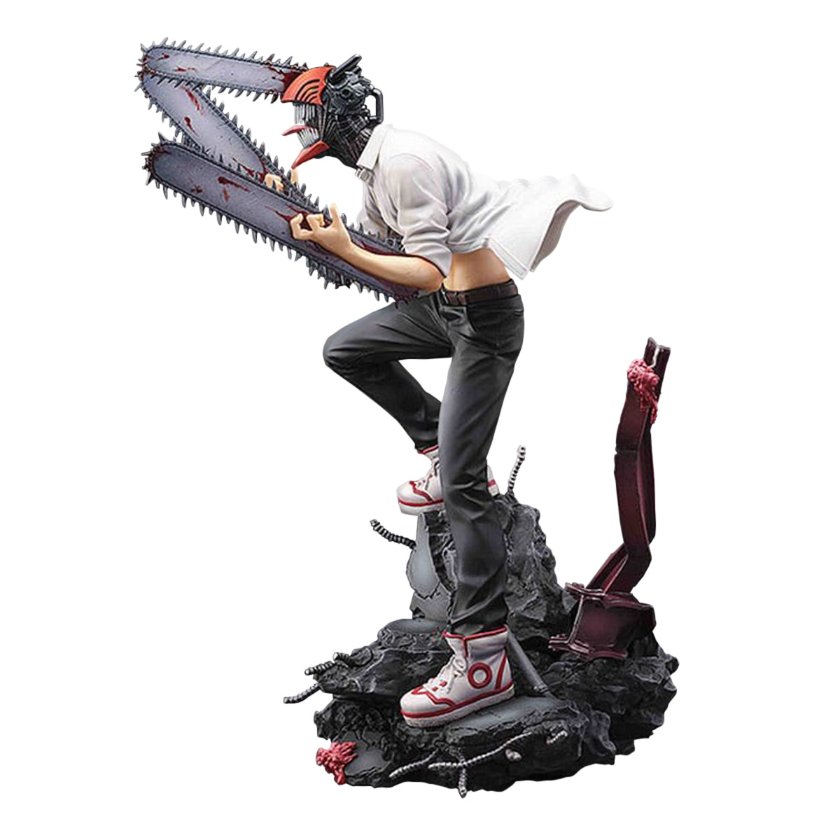 Chainsaw Man Denji figure, with a chainsaw head and bloodied chainsaw arms, mid-attack on a rubble-strewn base