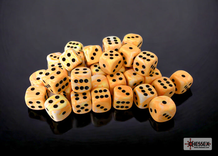 A pile of marbled orange and cream dice with black pips on a reflective dark surface