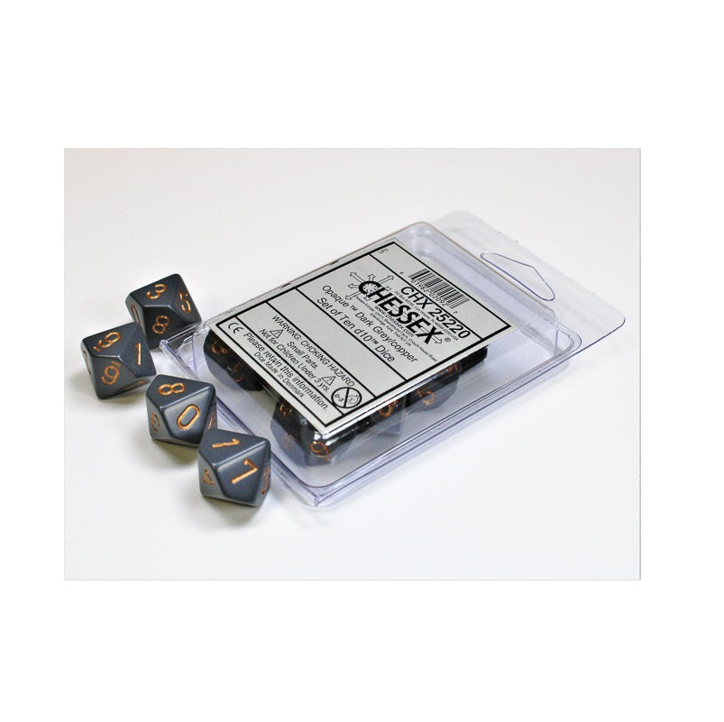 Chessex - Opaque D10 Dice 10-Piece Set - Dark Grey/Copper - Good Games