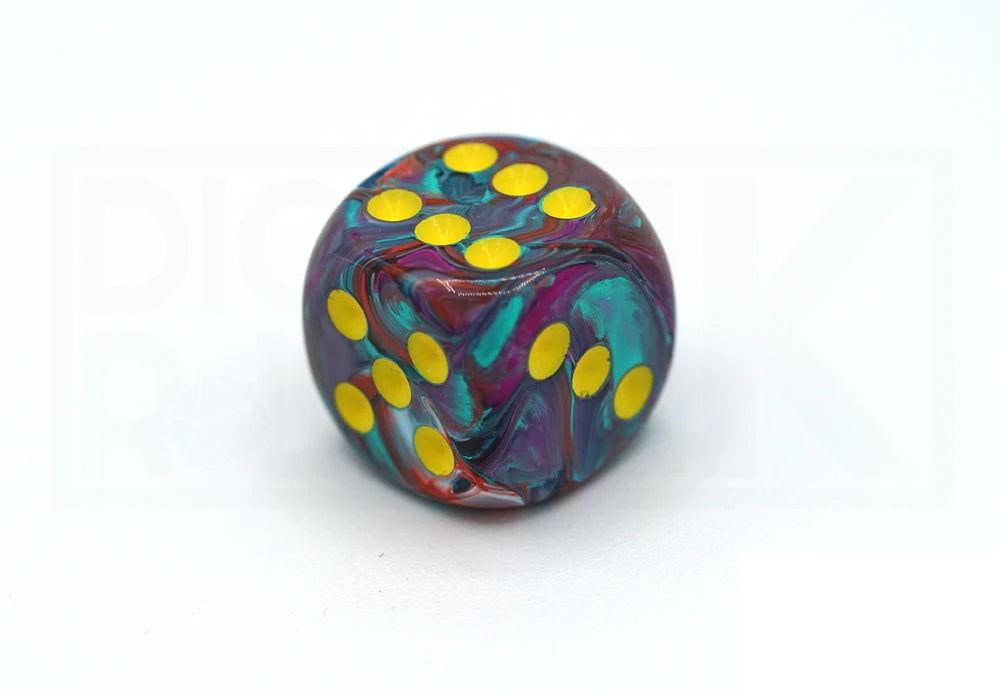 Marbled die with vibrant purple, teal, and red swirls, featuring yellow pips, on a white background