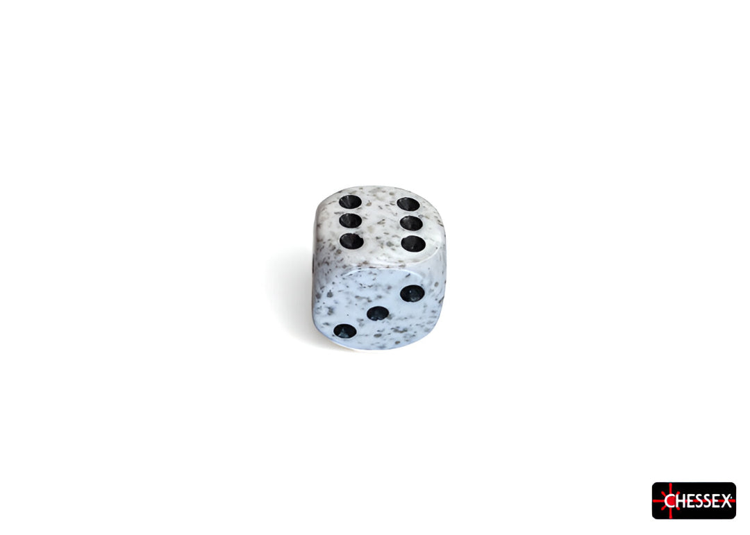 A speckled white die with black pips showing 6, 6, and 3, on a white background
