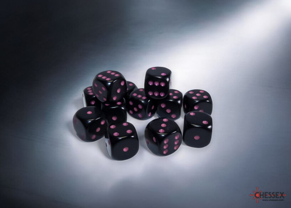 A group of black dice with vibrant pink dots, piled together on a softly lit, grey surface