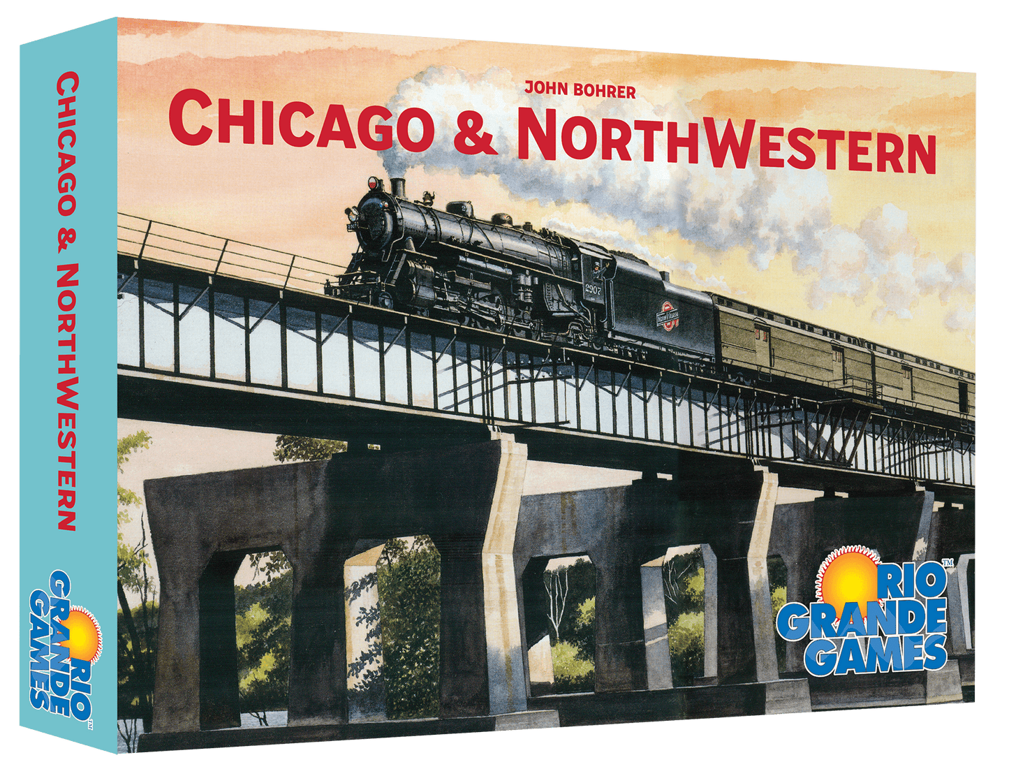 Chicago Northwestern board game box featuring a black steam locomotive on a bridge with red and white text
