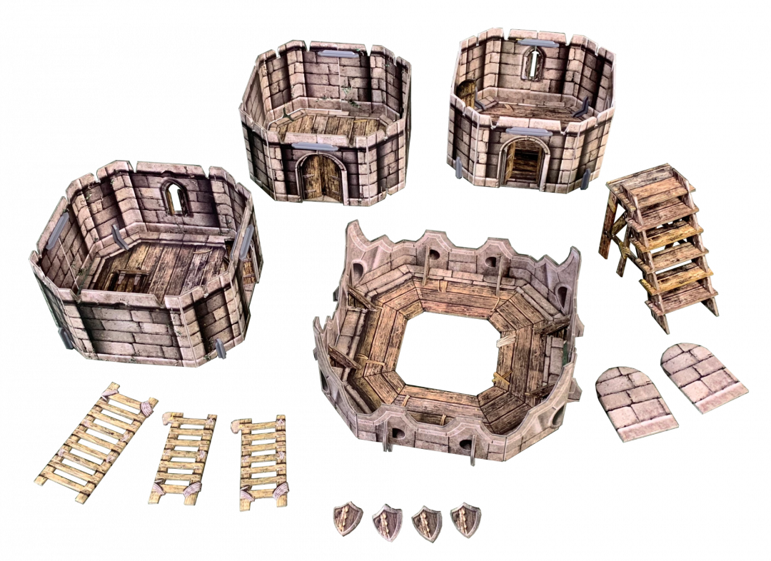 Modular stone fantasy terrain set with rooms, tower section, ladders, and shield tokens on black.