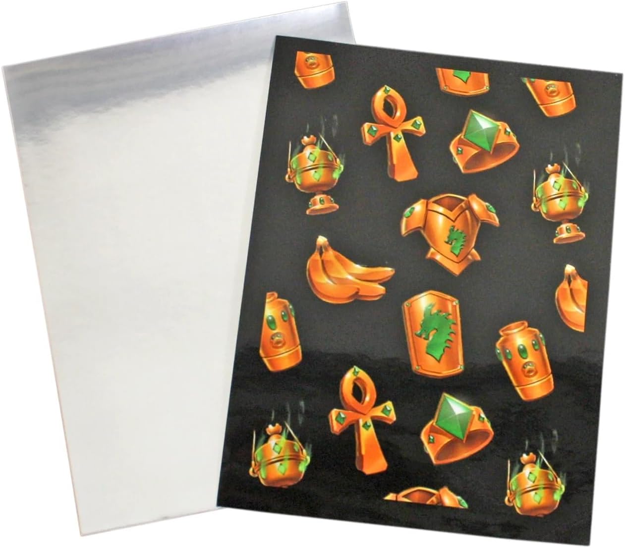 Clear sheet next to a black sheet with golden game-like illustrations: ankhs, rings, armor, shields, incense burners, bananas, and pots with green gems