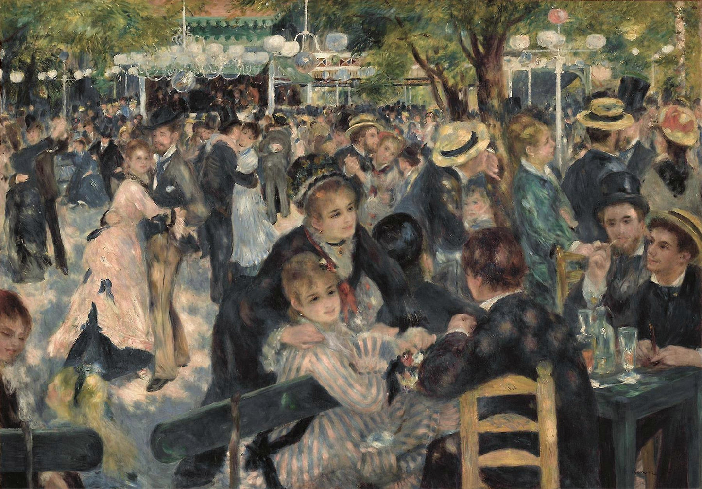 A crowded outdoor scene with people dancing and socializing at tables under trees and hanging lanterns
