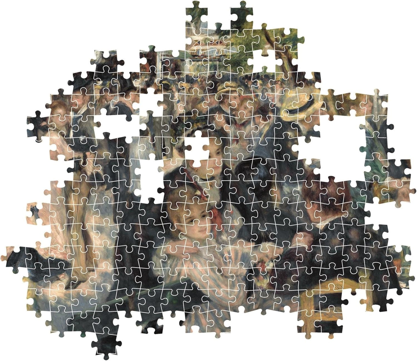 Partially completed jigsaw puzzle of Renoir's "Bal du moulin de la Galette," depicting a joyful outdoor crowd