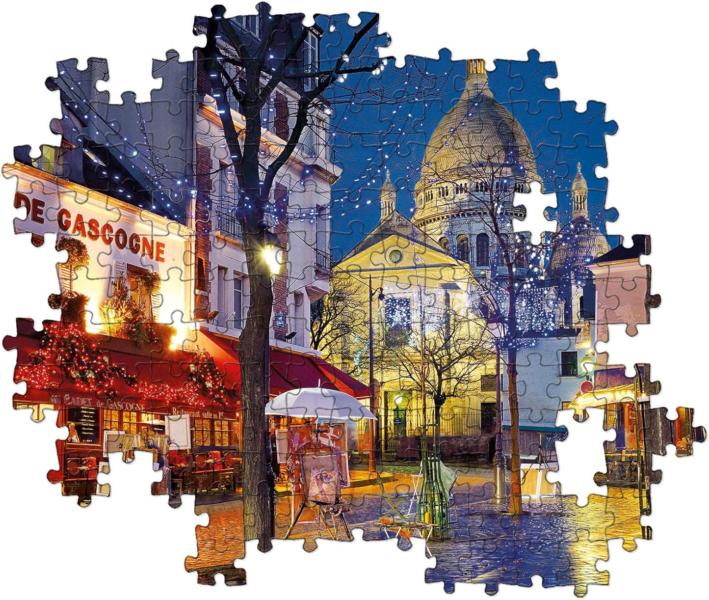 Puzzle image: Night scene in Paris with Sacré-Cœur, a cafe, trees with string lights, and reflections on wet ground