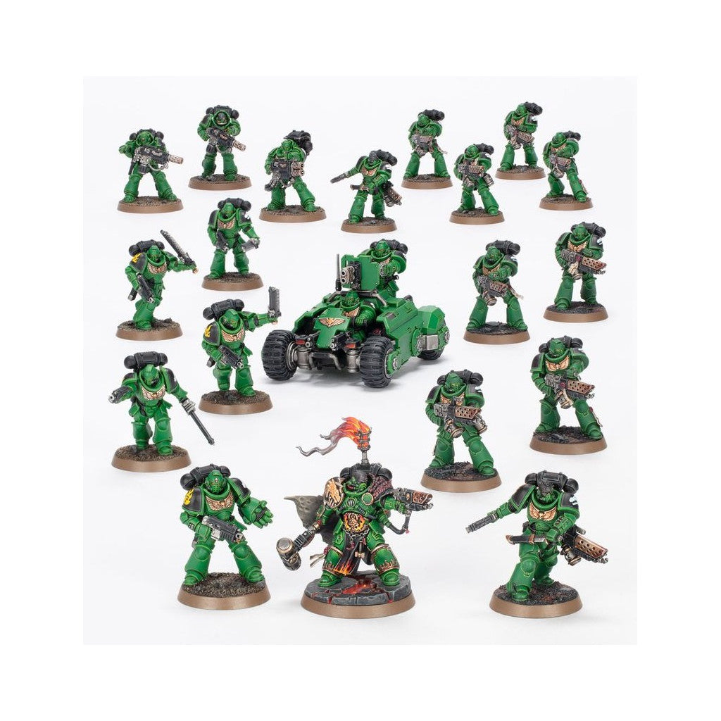 Warhammer 40K green Space Marine miniatures: infantry and a vehicle, displayed on white