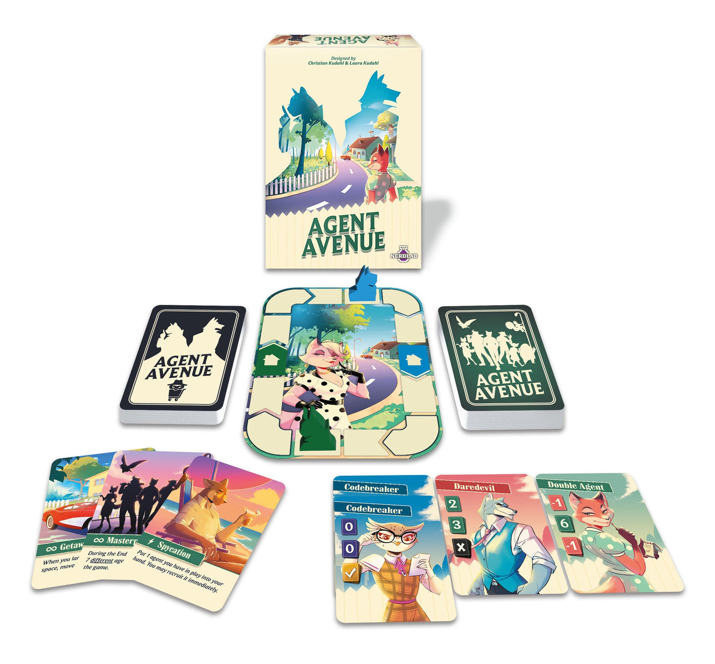 Agent Avenue box and game components, including cards showing anthropomorphic animal secret agents (foxes, wolves, owl) and colourful suburban game tiles