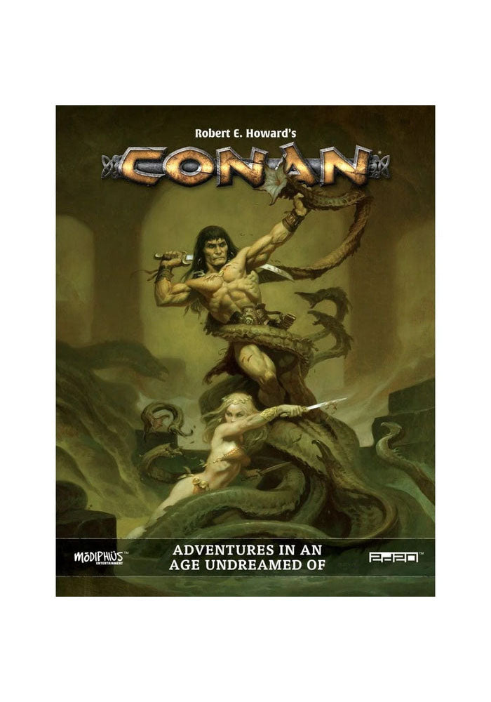 Robert E. Howard's Conan: Adventures in an Age Undreamed Of cover, conan and a woman battle giant green tentacles in a dark ruin