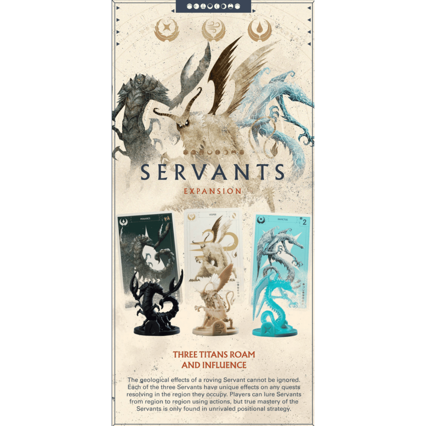 Advertisement for the "Servants Expansion" featuring three colossal fantasy monsters and their game miniatures