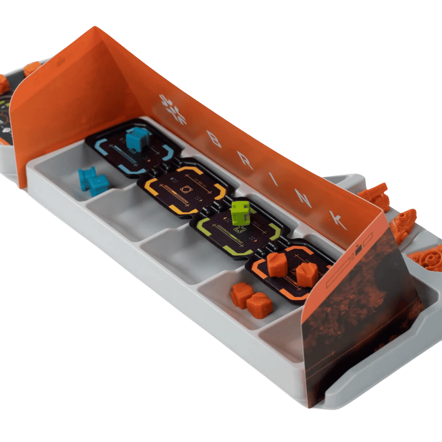 Board game component tray with orange screen, holding blue, green, and orange game pieces and component cards