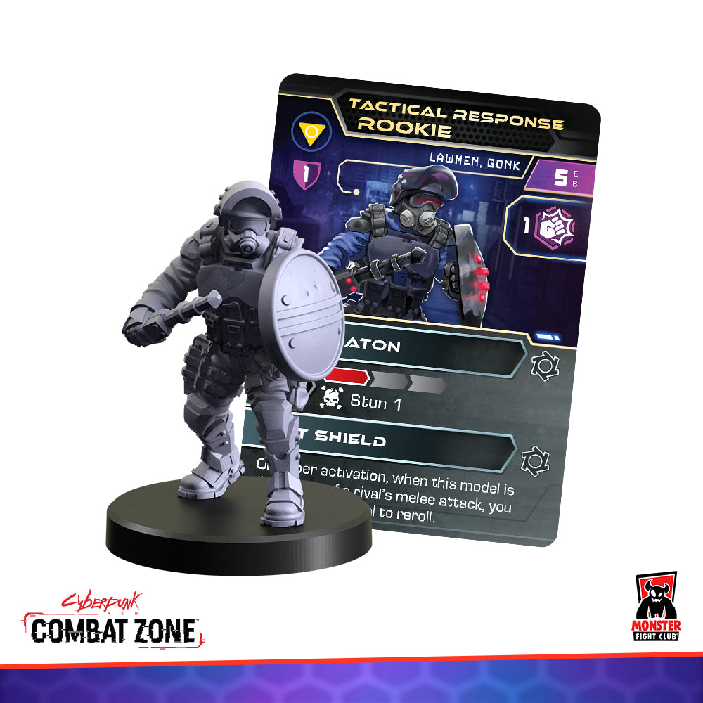 A grey Cyberpunk Combat Zone miniature of a tactical rookie with a shield and club, next to its game card