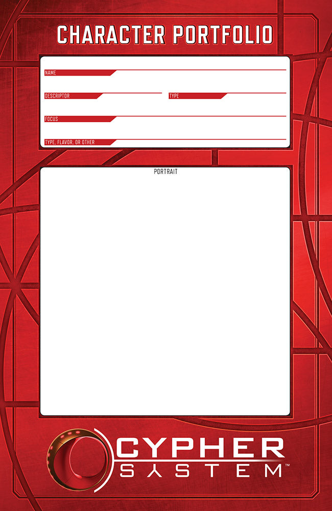 Cypher System character portfolio sheet with fields for name, descriptor, focus, type, and a portrait area