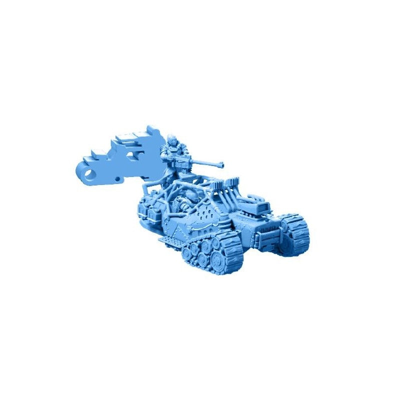 Blue unpainted miniature of a tracked armored vehicle with a soldier operating a mounted cannon.
