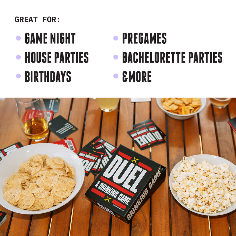 Duel: A Drinking Game, box and cards with snacks and drinks on a table