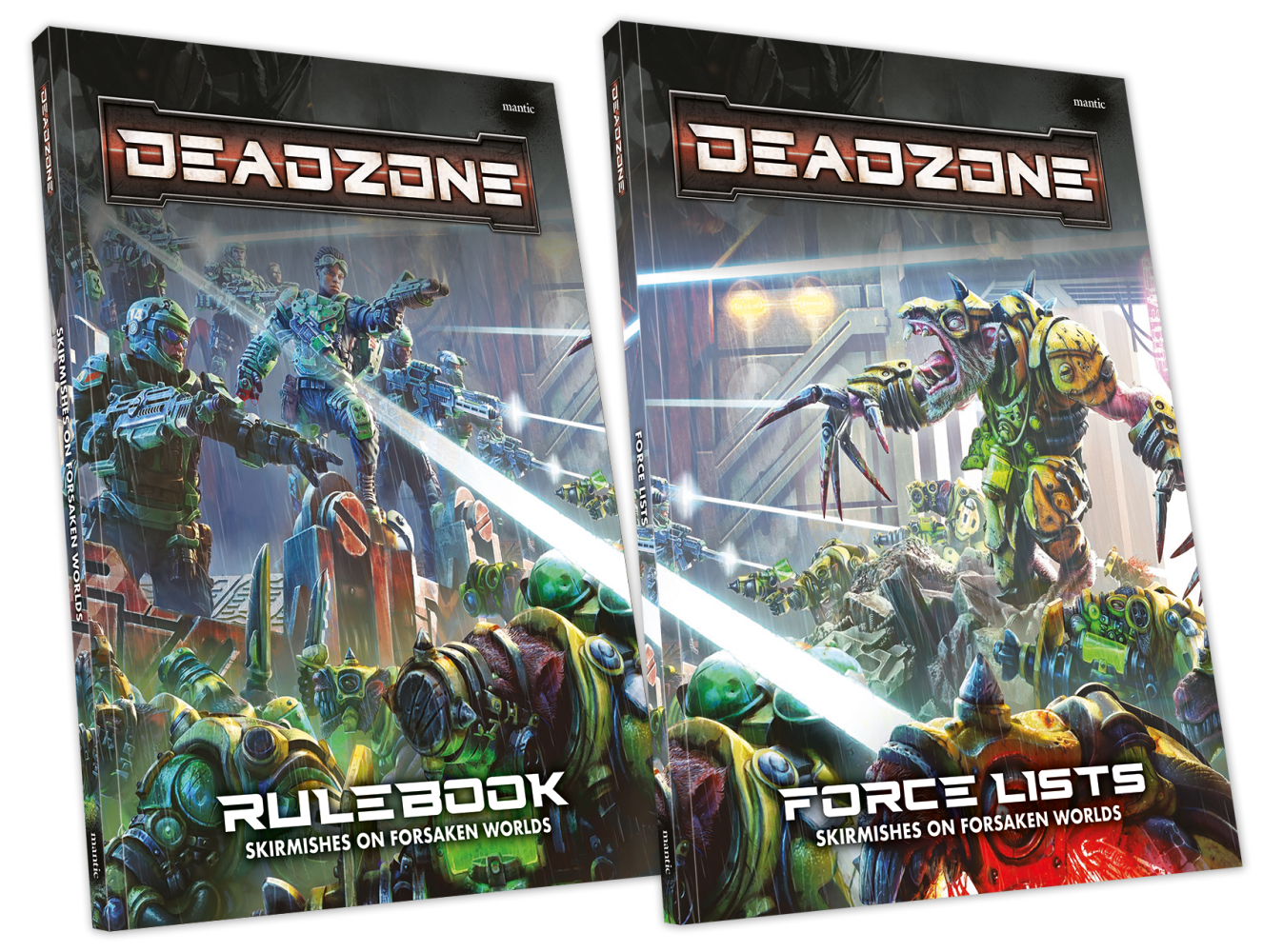 Two "Deadzone" books: a rulebook cover showing futuristic soldiers, and a force list cover with a large alien monster
