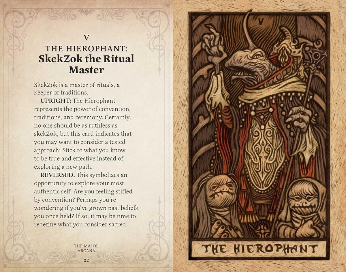 A robed SkekZok, The Hierophant, with a staff, raises a hand while presiding over two smaller figures