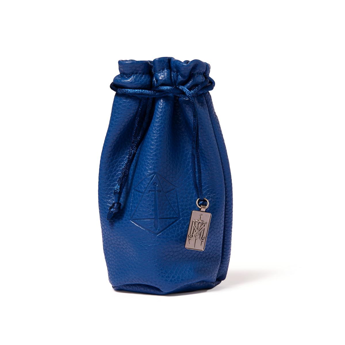 Blue textured leather dice bag with drawstring closure, embossed geometric sword symbol, and a metal sword charm