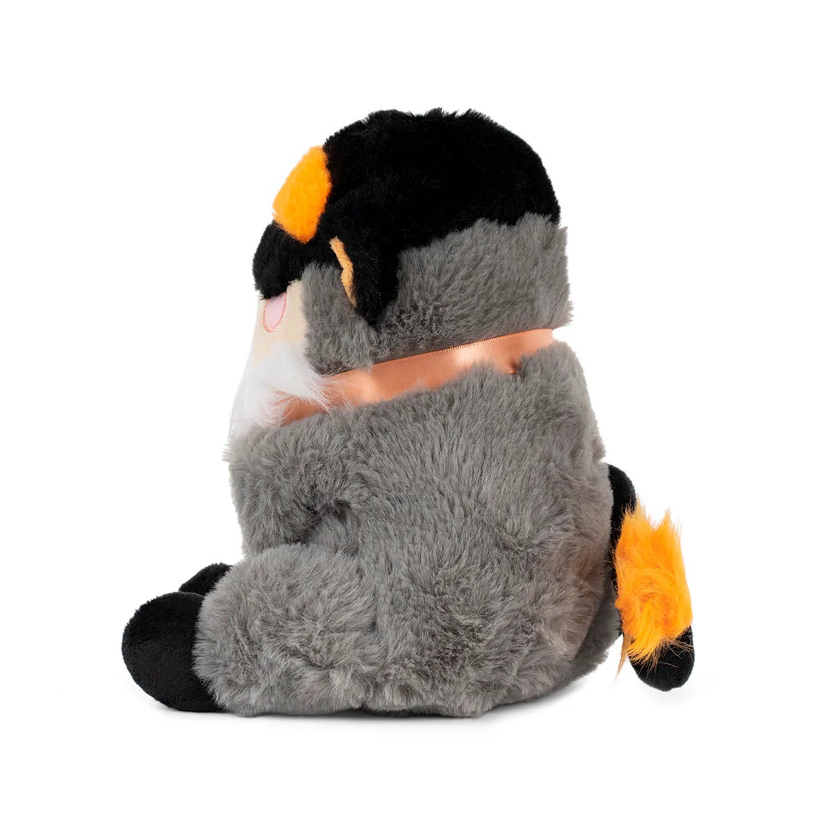 A fluffy grey plush gnome with black hat, orange patch, white beard, pink nose, orange ribbon, and orange tail, sitting